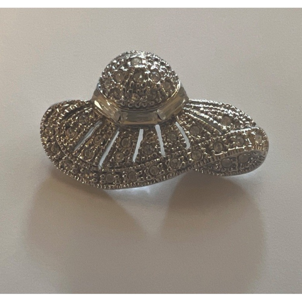 Rhinestone Hat Pin Shaped Brooch 1.25" x .75" Silver Tone Look